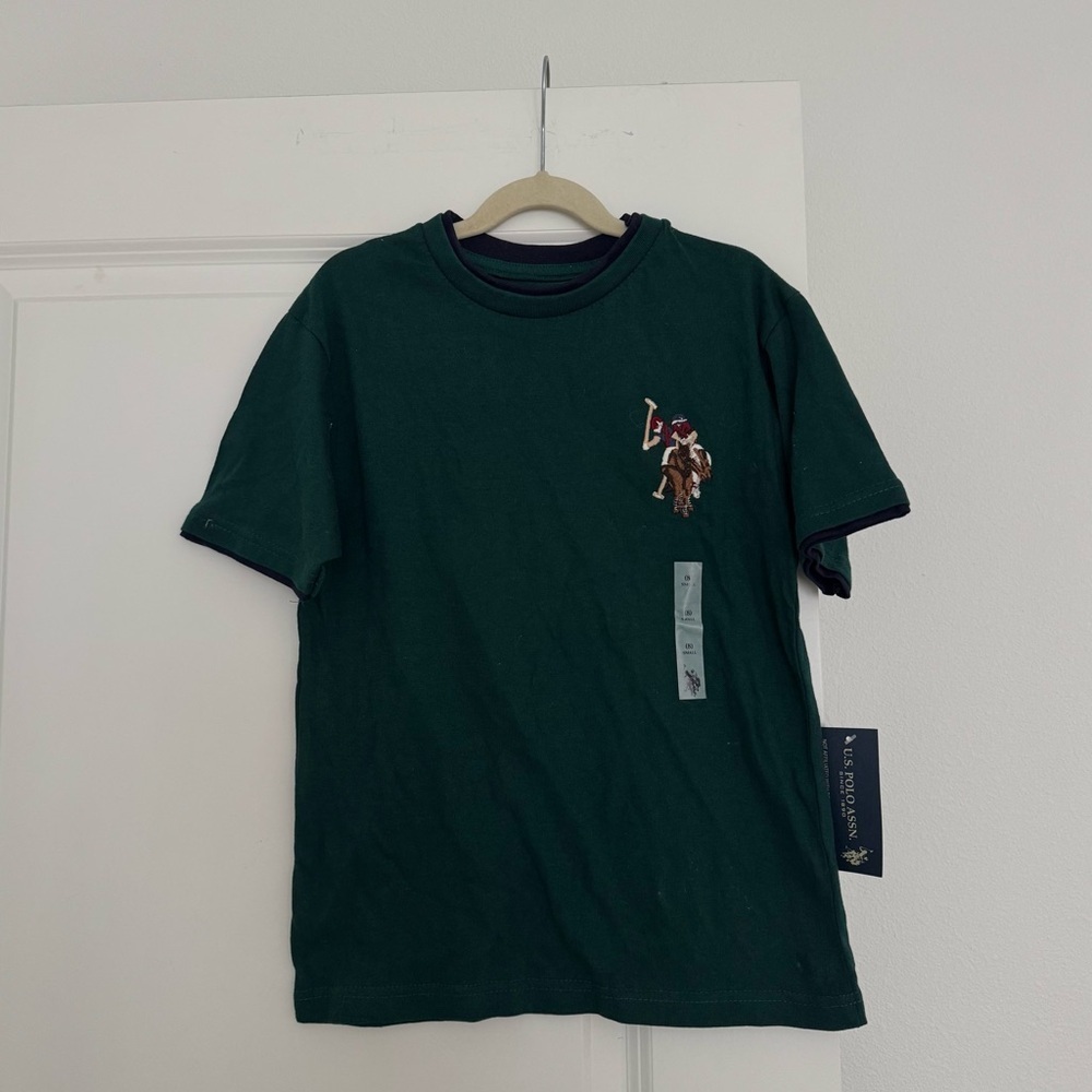 NWT U.S. POLO ASSN boys green & navy detail crewneck tee shirt top size 8 years